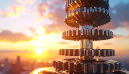 Close-Up of Metallic Gears with Sunset Background Over Cityscape