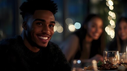 Young African American man smiling at evening dinner party with friends, wearing dark sweater, festive bokeh lights and wine glasses in background, warm ambient lighting.