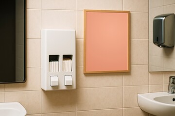 Blank poster mockup in public restroom near soap dispenser, mirror, and sink on tiled wall background for clean branding or design presentation. Ai generative