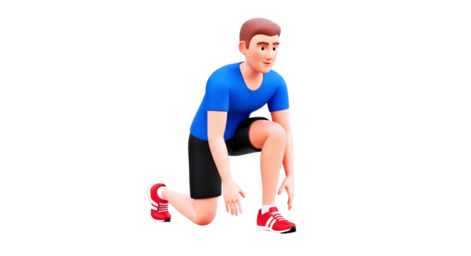 3d cartoon athlete low start position, ready to sprint, determined focus, isolated on transparent background
