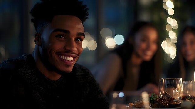 Young African American man smiling at evening dinner party with friends, wearing dark sweater, festive bokeh lights and wine glasses in background, warm ambient lighting.