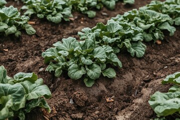 Fresh sugar beet leaves covered in wet soil following a rain shower during early summer, with beetroot planted in winding patterns