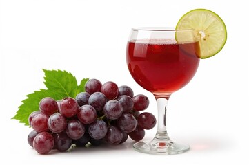 Glass filled with grape juice alongside a bunch of grapes
