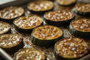Close-up shot of perfectly roasted eggplants and zucchini with golden-brown edges on baking trays, softly blurred in the background and foreground.
