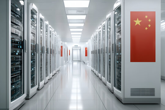 View of High-Tech Data Center With Server Cabinets and Draped Chinese Flag, Representing National Cloud Infrastructure, Cybersecurity, and Digital Sovereignty in China