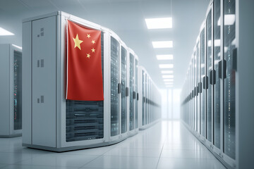 Interior of Modern Data Center With Server Racks and Chinese Flag, Representing Cloud Infrastructure, National Data Sovereignty, and High-Tech Development in China
