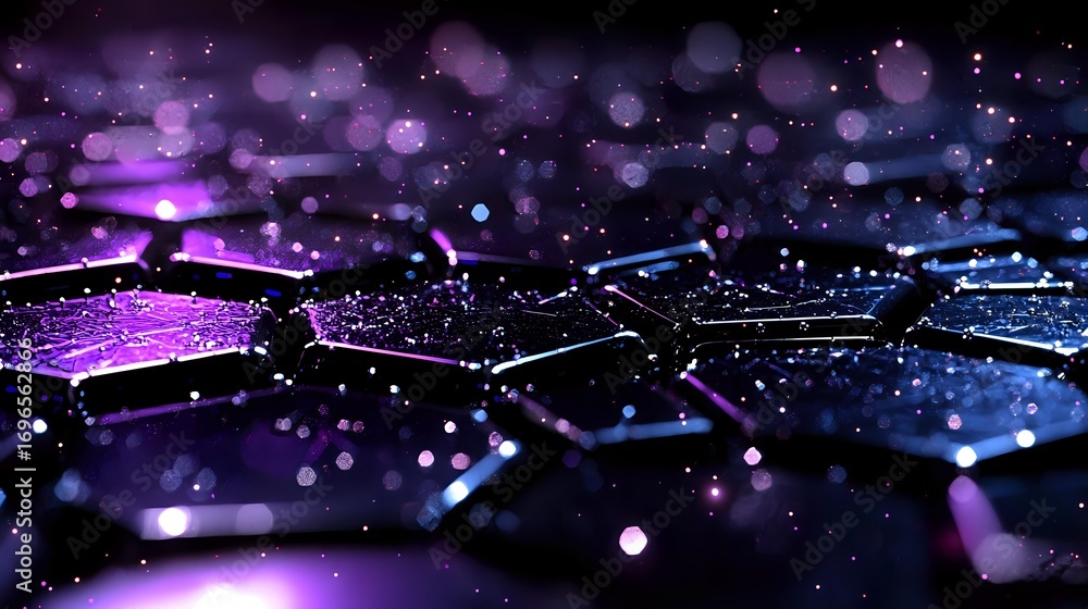 Poster futuristic technology network with glowing purple and blue hexagonal grid pattern against dark backg