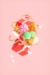 Abstract 3D Christmas Gift Box composition with Festive Decorations.