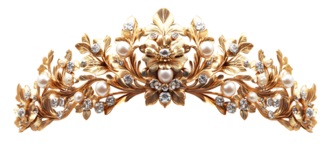 a regal golden tiara with intricate floral designs and jewels, created in a digital art style isolated on a transparent background.