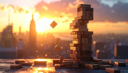 Tower of Wooden Blocks at Sunset Over Urban Landscape