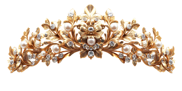 a regal golden tiara with intricate floral designs and jewels, created in a digital art style isolated on a transparent background.