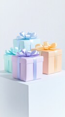 Fototapeta premium Stacked pastel gift boxes with colorful ribbons on a white pedestal