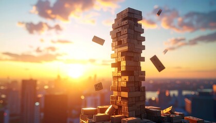 Tower of Blocks Toppling at Sunset Over City Skyline