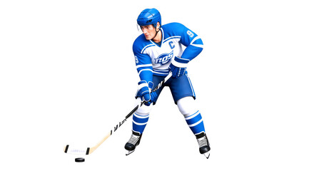 Obraz premium 3d cartoon hockey player intense gameplay action, dynamic pose, blue uniform, realistic animation, isolated on transparent background
