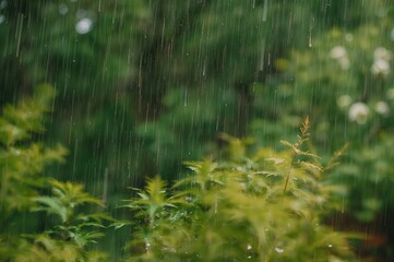 Long exposure shot of rain falling on a garden with blurred trees and a lush green backdrop