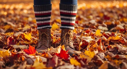 Woman's feet in brown leather boots standing in pile of autumn leaves with colorful socks, concept for seasonal backgrounds, fashion lifestyle and outdoor fall activities