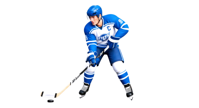 3d cartoon hockey player intense gameplay action, dynamic pose, blue uniform, realistic animation, isolated on transparent background