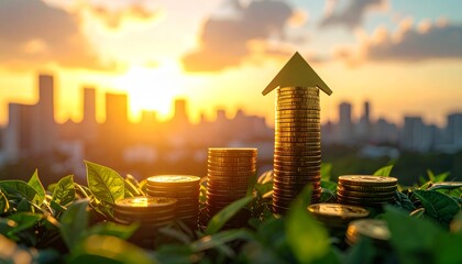 Growth of Investments and Prosperity with Coins and Sunrise Background