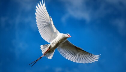 Fototapeta premium a white bird soars through the sky with spread wings and an open beak
