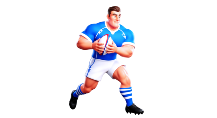 3d cartoon rugby player powerful run, determined athlete, epic try, isolated on transparent background