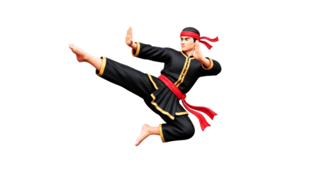 3d cartoon martial artist breathtaking flying side kick, dynamic pose, asianinspired design, game asset, isolated on transparent background
