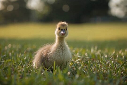 Young Gosling Resting on the Lawn