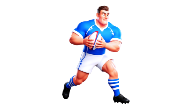 3d cartoon rugby player powerful run, determined athlete, epic try, isolated on transparent background
