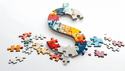 Colorful Puzzle Pieces Forming a Dollar Symbol on White Background