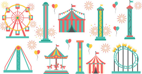 Colorful amusement park vector with Ferris wheel, carousel, roller coaster, circus tents, fireworks, balloons, festive carnival fun illustration design © Creative Mind