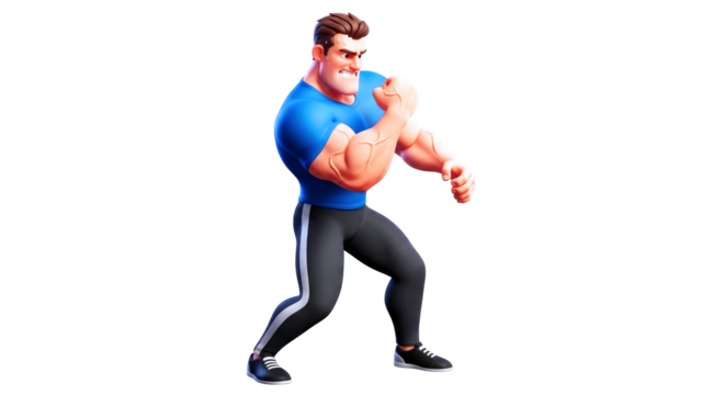 powerful 3d cartoon boxer ready to strike, muscular fighter, dynamic pose, championship game, isolated on transparent background