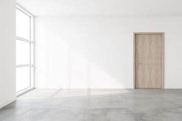 Fototapeta premium Vacant workspace featuring a spotless window and entrance. Modern interior setting with emphasis on brightness and spaciousness.