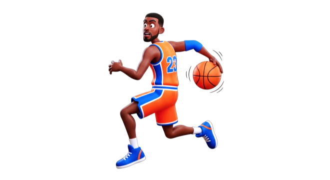 3d cartoon basketball player dynamic drive, orange jersey, focused energy, isolated on transparent background