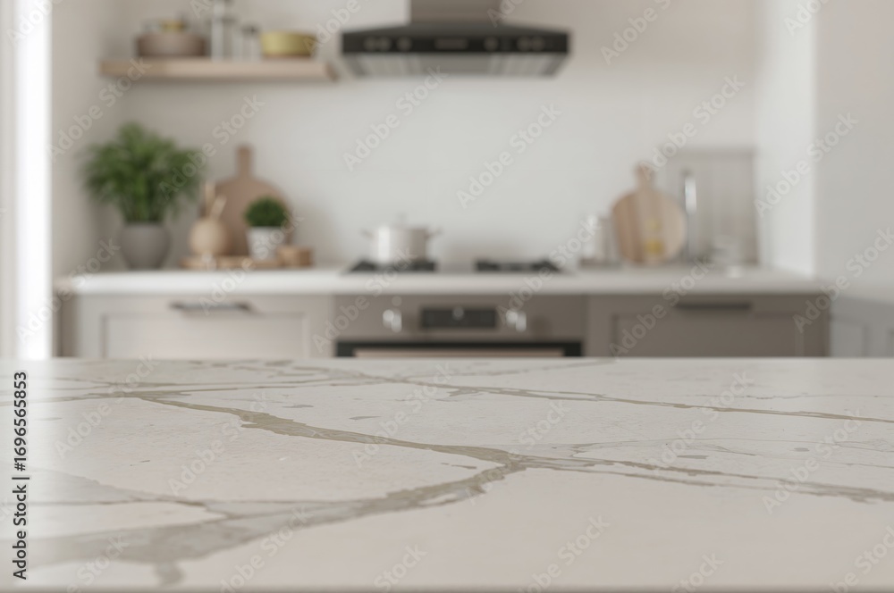 Poster blurred kitchen background with empty table for product display