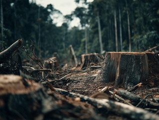 Obraz premium Deforested forest area with tree stumps and fallen logs showing environmental impact and nature loss