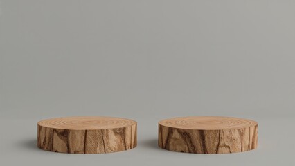 Two circular wooden platforms on a gray backdrop showcase products in a natural material mockup for eco-friendly cosmetic promotion. Front view with copy space.