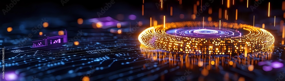 Poster glowing golden ring of digital data streams on circuit board with purple light effects and bokeh, fu