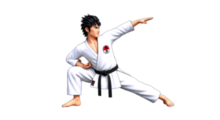 3d cartoon karate master powerful stance, focused spirit, unwavering determination, martial arts mastery, dynamic pose, isolated on transparent background