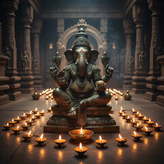 Fototapeta premium Bronze Ganesha idol with antique patina, traditional South Indian style, surrounded by oil lamps, sacred temple interior
