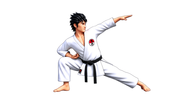 3d cartoon karate master powerful stance, focused spirit, unwavering determination, martial arts mastery, dynamic pose, isolated on transparent background
