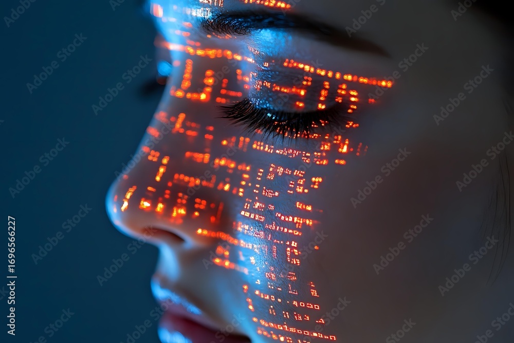 Poster digital code projection on asian woman face in profile view with orange and blue light effects creat