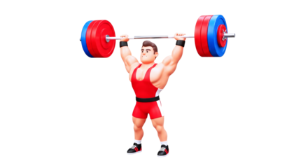 cartoon weightlifter triumphant clean and jerk, explosive power, ultimate strength, isolated on transparent background