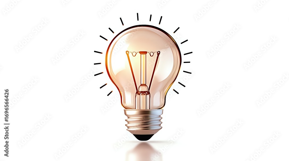Poster glowing light bulb with warm orange illumination and radiating lines on white background, isolated d
