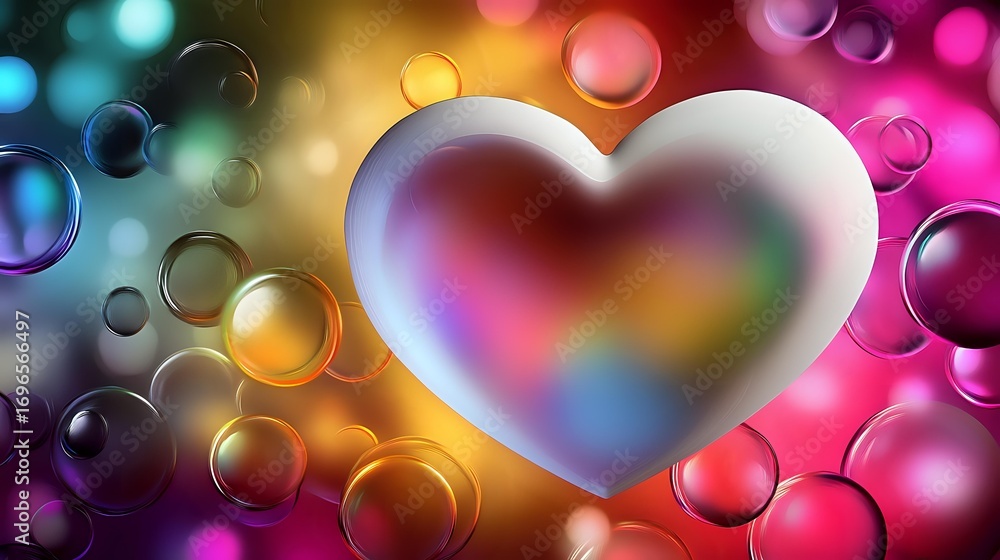 Poster glowing heart shape with colorful bokeh lights and transparent bubbles on blurred rainbow background