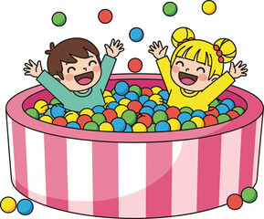 Joyful children playing in colorful ball pit, vibrant indoor playground fun, happy kids enjoying recreation, cheerful childhood activity illustration