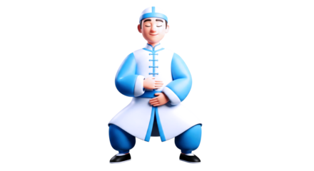 3d cartoon character peaceful tai chi chuan pose, serene master, traditional chinese practice, isolated on transparent background