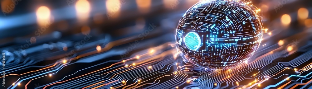 Poster glowing spherical quantum processor on circuit board with blue light trails and bokeh effects, repre