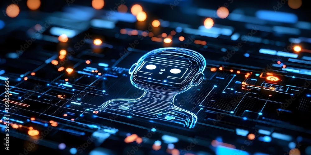 Poster glowing robot head silhouette on digital circuit background with orange and blue lights, representin