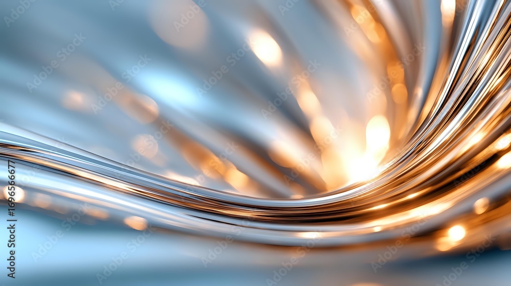 Poster glowing copper metallic waves with light bokeh effects on blue background create dynamic flowing mot