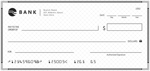 Bank check, vector blank money cheque, checkbook template with guilloche pattern and fields. Currency payment coupon, money check background