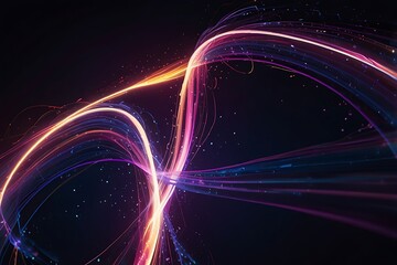 A vibrant, abstract digital background filled with glowing neon light trails and flowing energy waves. Bright streaks of purple, pink, and blue twist and swirl across a deep midnight gradient, leaving